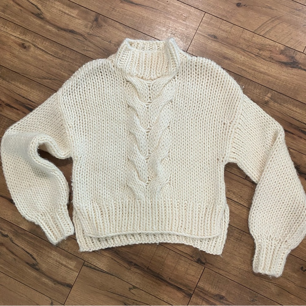 Prologue Chunky Cable Knit Turtleneck Sweater Cream Size XS